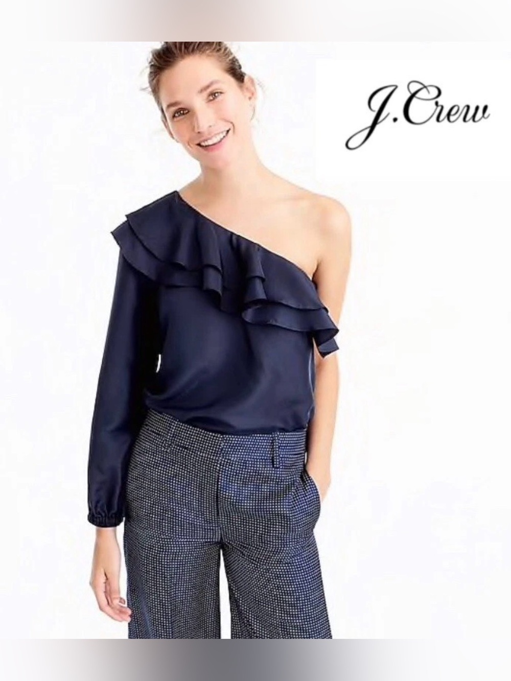 J.Crew 100% Silk One-Shoulder Navy Ruffle Blouse - Size 4P